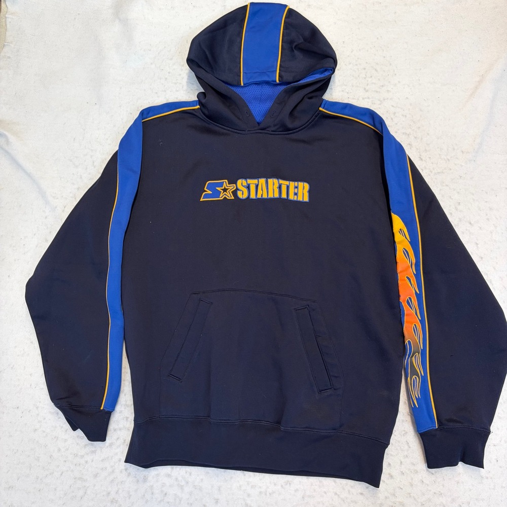 Starter Hoodie Mens Medium Navy Blue Flame Graphic Pullover Mesh Lined Hood